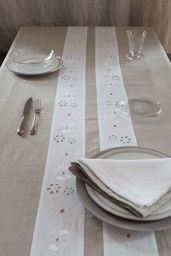 Tovaglia lino con inserto sangallo, piatti, posate e bicchieri. Tessile casa elegante.
