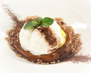 Tiramisù moderno con crema, cacao e menta. Dessert goloso e invitante.