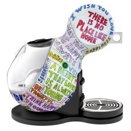 Macchina caffè design Dirk Janssen. Motivi colorati e frasi motivazionali. Elettrodomestico per espresso e bevande calde.