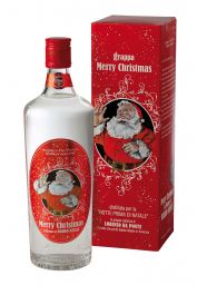 Bottiglia e confezione regalo di grappa Merry Christmas di Babbo Natale.