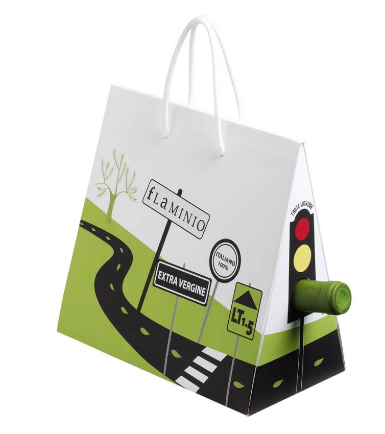 Borsa regalo olio Flaminio. Design stradale con semaforo e bottiglia. Olio extra vergine di oliva italiano.