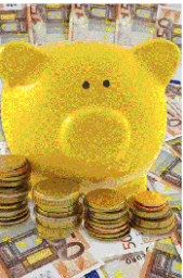 Salvadanaio giallo con monete e banconote euro. Risparmio e finanza.