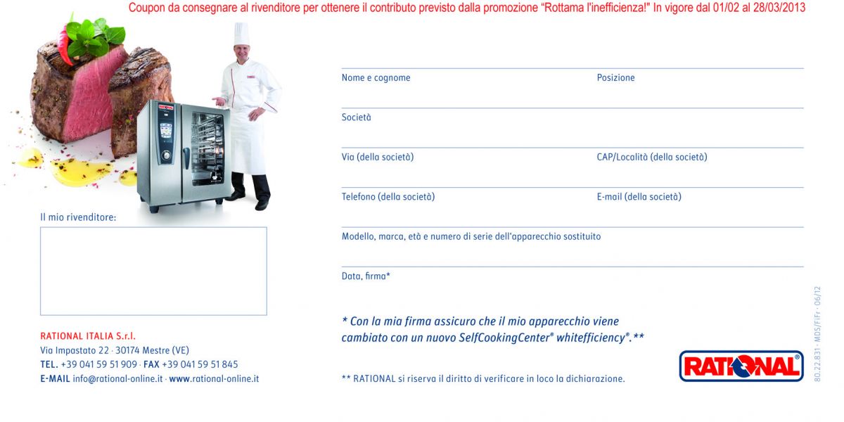 Coupon Rational: forno professionale, chef, carne. Offerta rottamazione per ristoranti e attività commerciali.