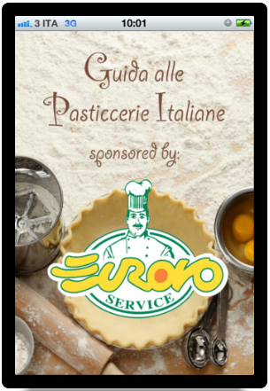 App Guida Pasticcerie Italiane su tablet. Logo Eurovo Service, ingredienti per dolci.