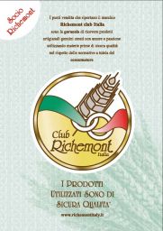 Locandina Club Richemont Italia: prodotti artigianali di qualità. Logo con spiga, bandiera italiana. Materie prime sicure.