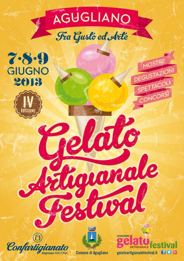 Manifesto del festival del gelato artigianale ad Agugliano. Gelato, gusto, arte.