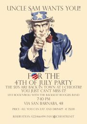 Locandina festa 4 Luglio. Zio Sam ti vuole! Party anni '50, rock'n'roll a I Chiostri. Prenota ora!