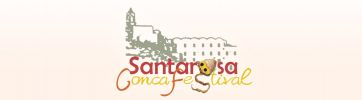 Logo Santarosa Conca Festival. Edificio storico e dolce tipico con crema. Evento gastronomico locale.