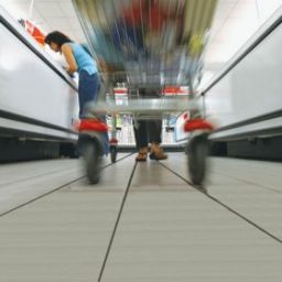 Donna al supermercato con carrello. Acquisti alimentari in Germania.