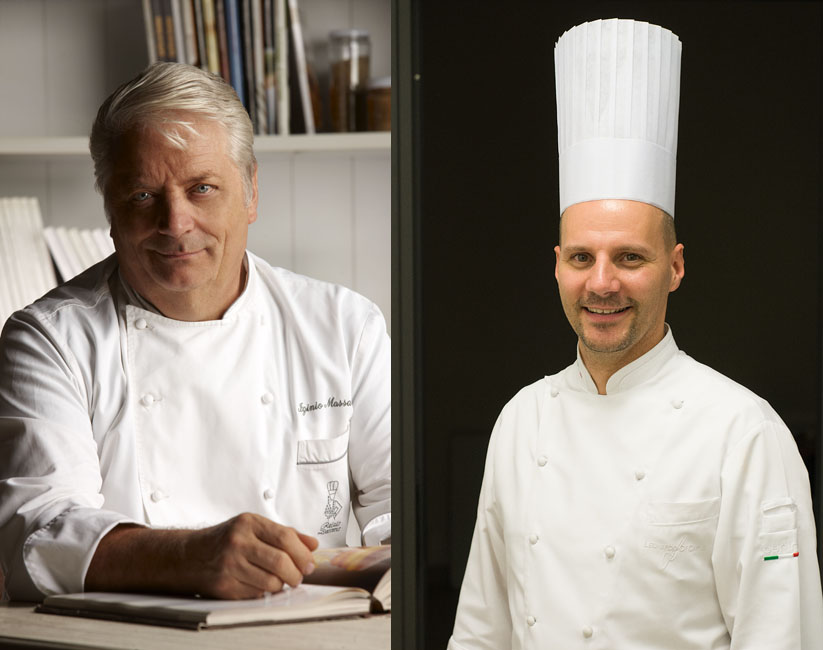 Ritratto di Iginio Massari e Renato Di Carlo, chef e pasticceri italiani in divisa da cucina.