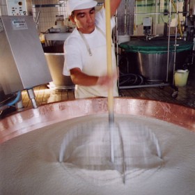 Casaro che lavora il latte per il Parmigiano Reggiano in un paiolo di rame.