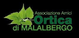 Logo Associazione Amici Ortica di Malalbergo. Foglia verde di ortica su sfondo nero.