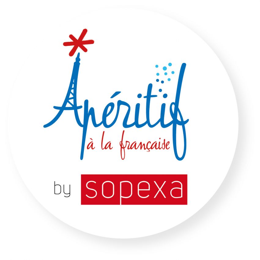 Logo Apéritif à la Française by Sopexa. Design con Torre Eiffel stilizzata. Aperitivo francese.