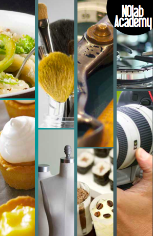 Collage di immagini: cibo, pennelli trucco, macchina da cucire, fornello, manichino, sushi, caffè, fotocamera. Corsi Nolab Academy.