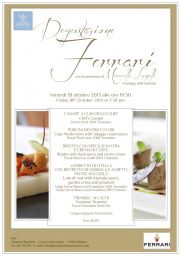 Locandina Degustazione Ferrari con menù gourmet. Canapè, risotto, vitello, tiramisù e vini Ferrari Trentodoc. Evento enogastronomico.