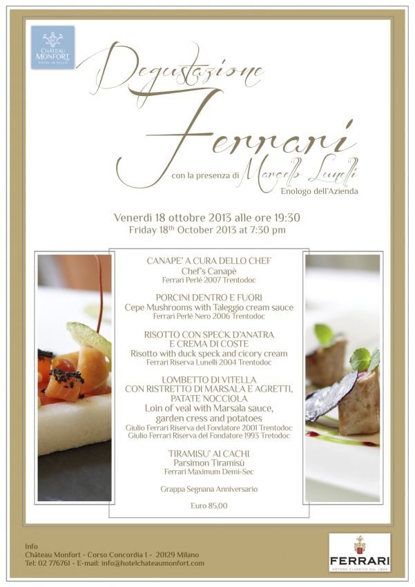 Locandina Degustazione Ferrari con menù gourmet. Canapè, risotto, vitello, tiramisù e vini Ferrari Trentodoc. Evento enogastronomico.