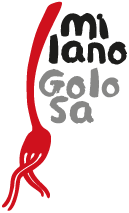 Logo Milano Golosa. Design con forchetta rossa e scritta Milano Golosa. Evento enogastronomico a Milano.