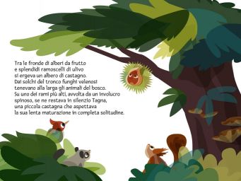 Illustrazione di bosco con albero di castagno, castagna, scoiattolo, uccello e funghi. Natura e animali.