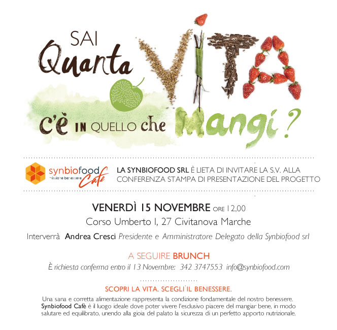 Synbiofood: invito presentazione. Alimentazione sana, benessere. Frutta e ingredienti naturali.