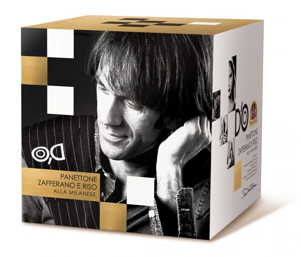 Confezione regalo panettone artigianale allo zafferano e riso alla milanese. Dolce tipico natalizio.