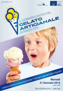 Locandina Giornata Europea del Gelato Artigianale. Bambino sorpreso con gelato. Evento 24 Marzo 2014.