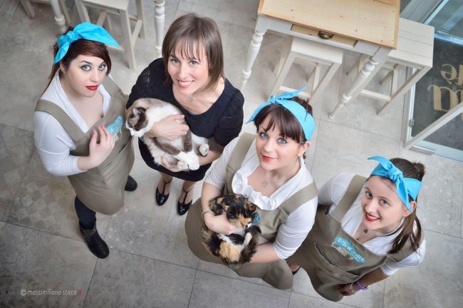 Quattro donne sorridenti con gatti. Look vintage con grembiuli e bandane azzurre. Atmosfera accogliente.