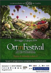 Locandina Ortinfestival: paesaggio di ortaggi e frutta con mongolfiere. Festival gastronomico degli orti contemporanei.