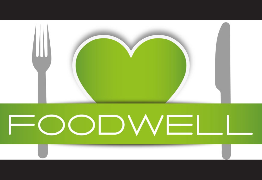 Logo Foodwell: cuore verde, forchetta e coltello. Alimentazione sana e benessere.
