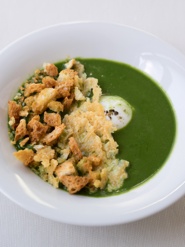 Zuppa di ortica con crostini dorati e uovo in camicia. Ricetta primaverile.