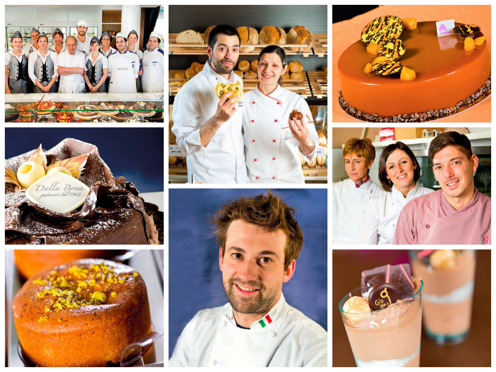 Collage di pasticceria italiana: chef, torte, dolci e pasticcini artigianali. Eccellenza e tradizione culinaria italiana.