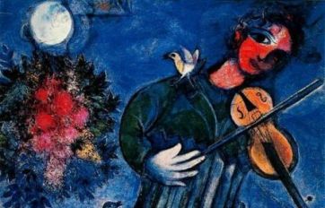 Dipinto di Marc Chagall: violinista con uccello, luna e fiori. Arte moderna e surrealista.