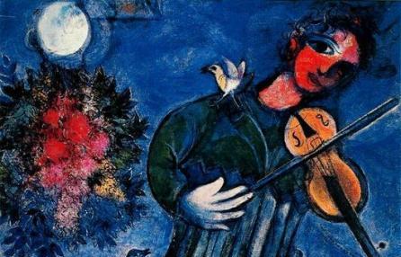 Dipinto di Marc Chagall: violinista con uccello, luna e fiori. Arte moderna e surrealista.