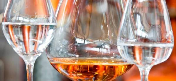 Grappa in bicchieri di cristallo. Degustazione grappe artigianali. Distillati italiani.