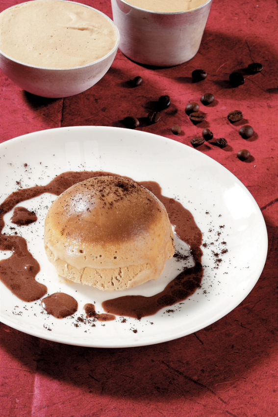Semifreddo al caffè su piatto bianco con salsa al cioccolato e chicchi di caffè. Dessert goloso.