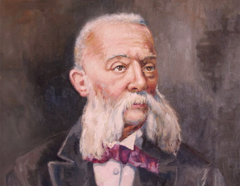 Ritratto di Pellegrino Artusi, gastronomo italiano. Baffi bianchi, papillon. Cucina italiana.