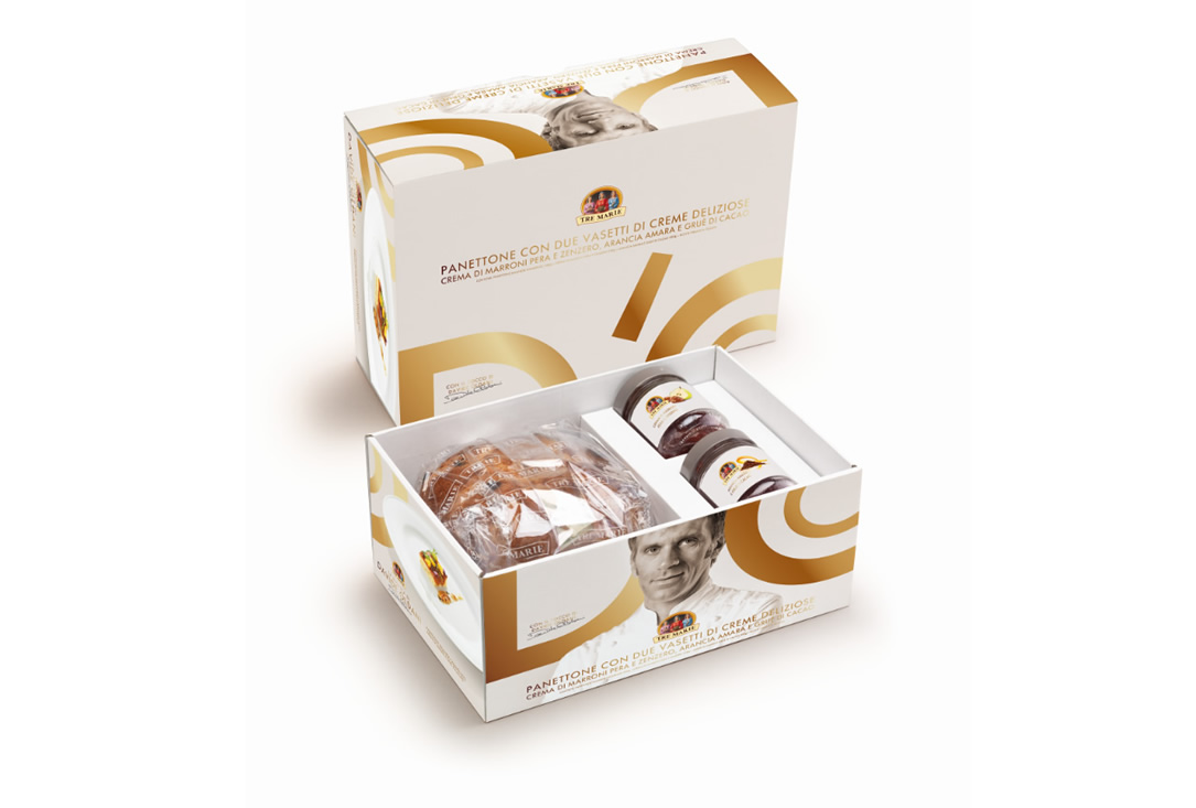Scatola regalo gourmet: panettone artigianale e creme spalmabili. Idea regalo di lusso.