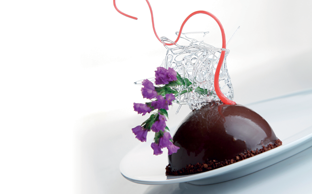 Dolce vegano al cioccolato con decorazioni floreali e fili rossi. Piatto gourmet, pasticceria vegana.