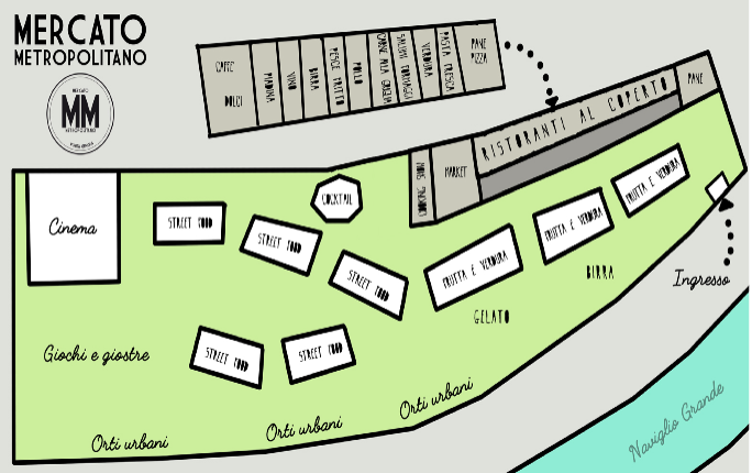Mappa Mercato Metropolitano: street food, ristoranti, cinema, orti urbani, giochi, Naviglio Grande.