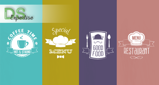 Loghi ristorazione: caffè, menu speciale, buon cibo, ristorante. Design colorato.