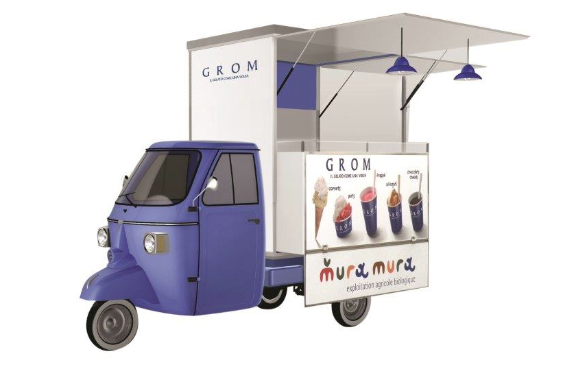 Ape Gelato Grom. Carretto gelati artigianali, street food italiano.