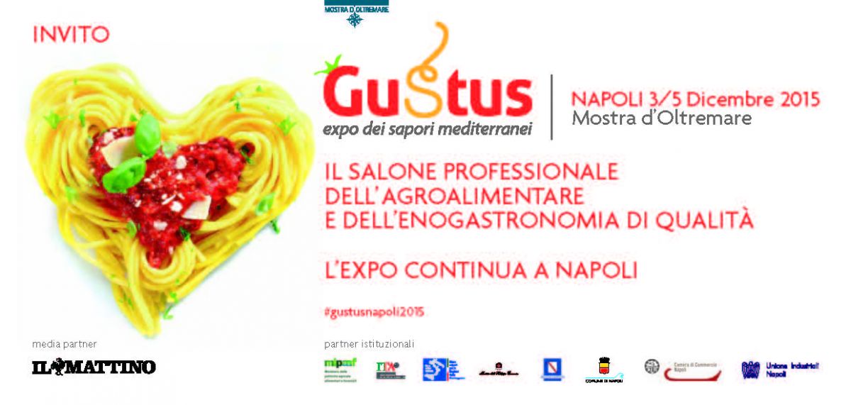 Invito Gustus Napoli: expo agroalimentare. Spaghetti a forma di cuore con pomodoro.