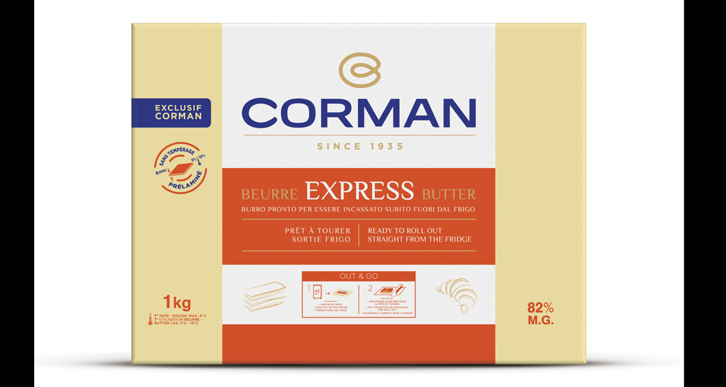 Confezione di burro Corman Express da 1 kg. Burro pronto all'uso per pasticceria e cucina.