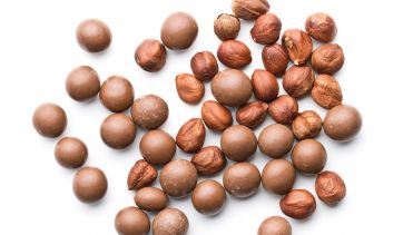 Cioccolatini e nocciole. Dolciumi con nocciole intere e palline di cioccolato al latte.