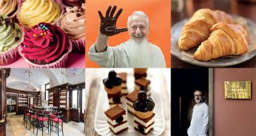 Collage culinario: cupcake, chef con cioccolato, croissant, interni ristorante e dolci. Cucina italiana.