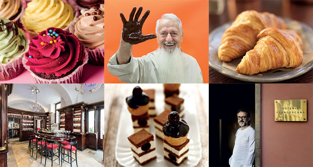 Collage culinario: cupcake, chef con cioccolato, croissant, interni ristorante e dolci. Cucina italiana.