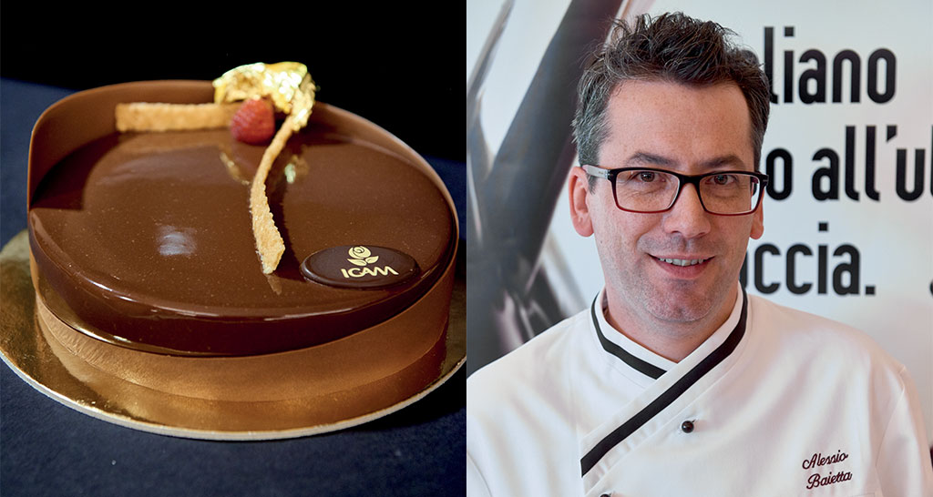 Alessio Baietta, chef pasticcere. Torta al cioccolato lucida con decorazioni dorate e lampone. ICAM cioccolato italiano.