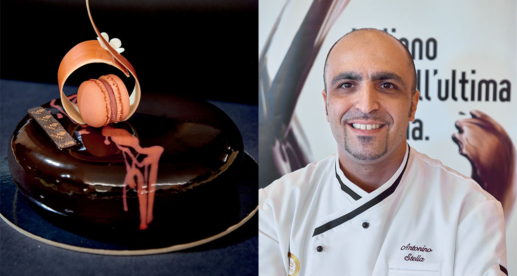 Antonino Stella, chef pasticcere. Torta al cioccolato con decorazioni e macarons. Pasticceria artigianale italiana.