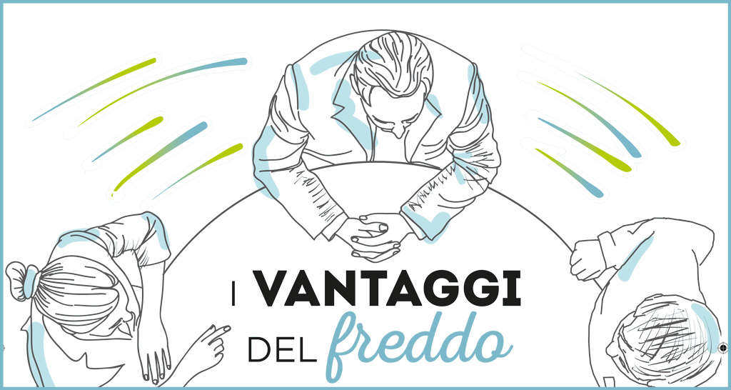 Illustrazione tavolo rotonda: vantaggi del freddo. Persone a confronto, discussione, meeting.