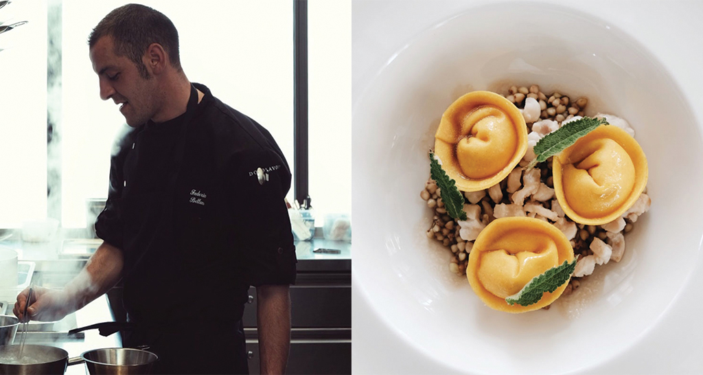 Chef in cucina e piatto gourmet di tortelli. Cucina italiana di alta qualità.