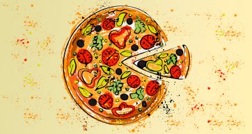 Pizza disegnata con pomodori, olive e peperoni. Illustrazione di pizza italiana.